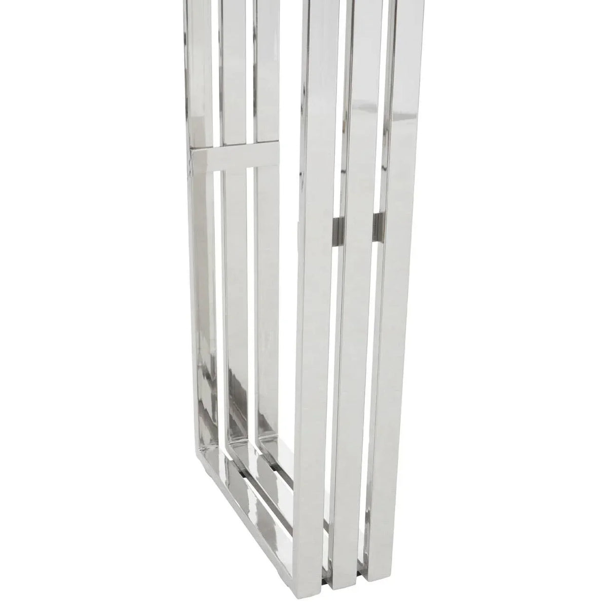 Closeup chrome table leg with modern rectangular metal frame design