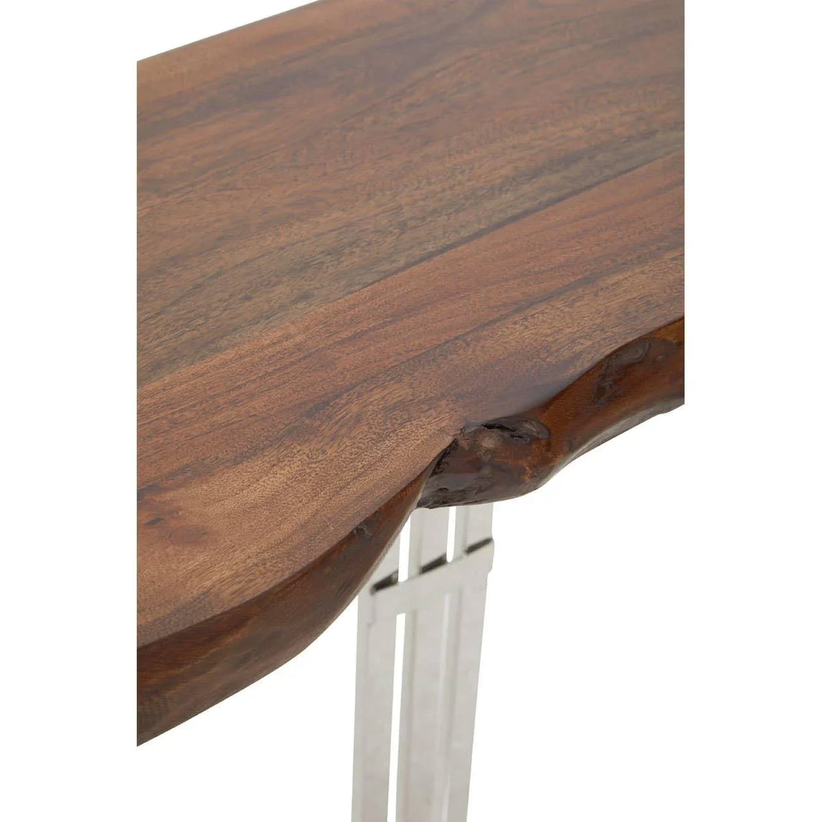 Live edge wood console table with natural grain top and chrome metal legs