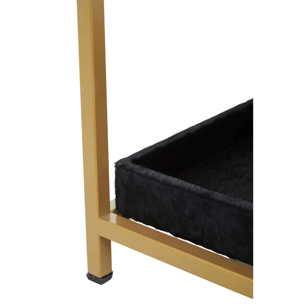 Gold metal table leg with black fur shelf corner detail