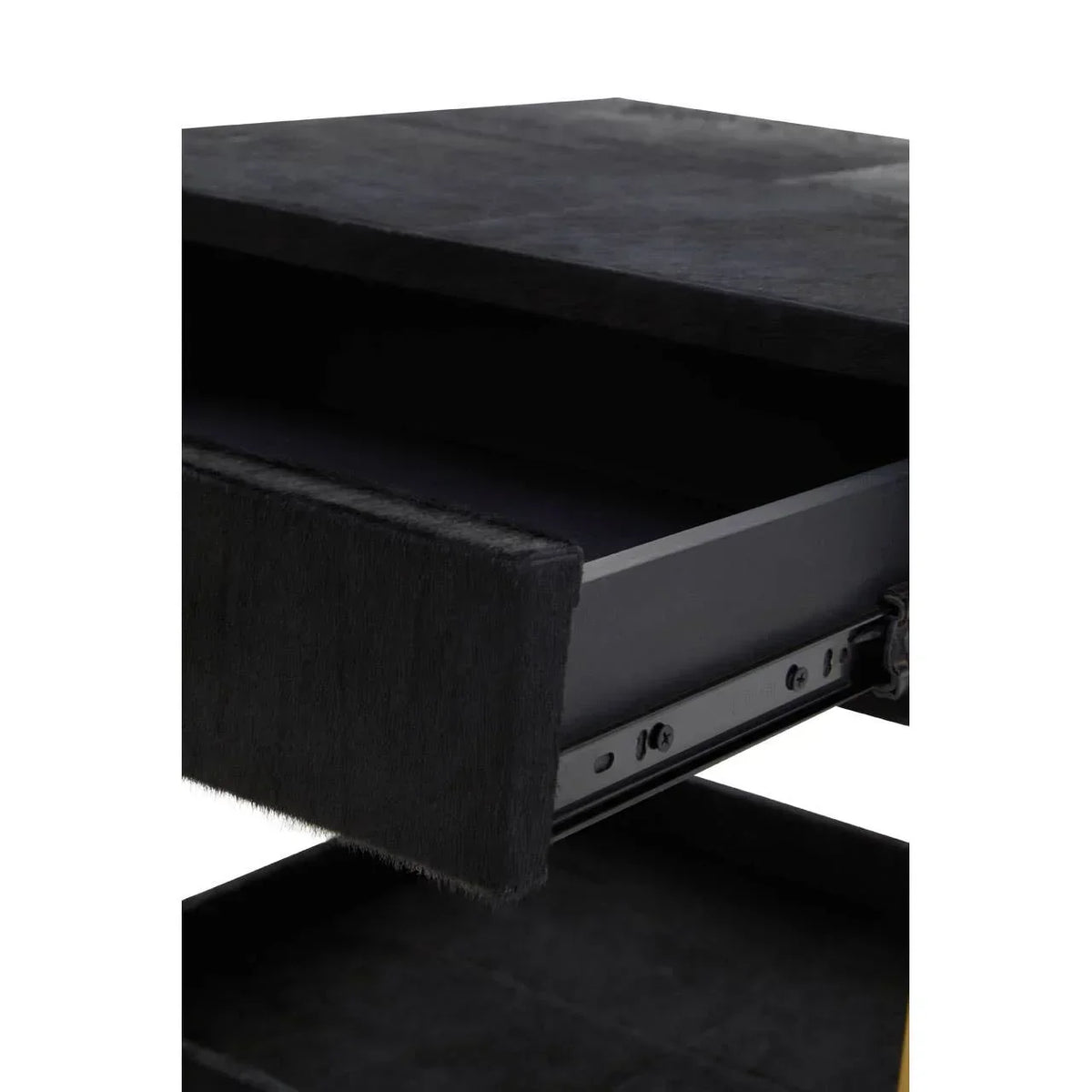 Closeup of black bedside table with soft textured drawer fronts and smooth metal runners