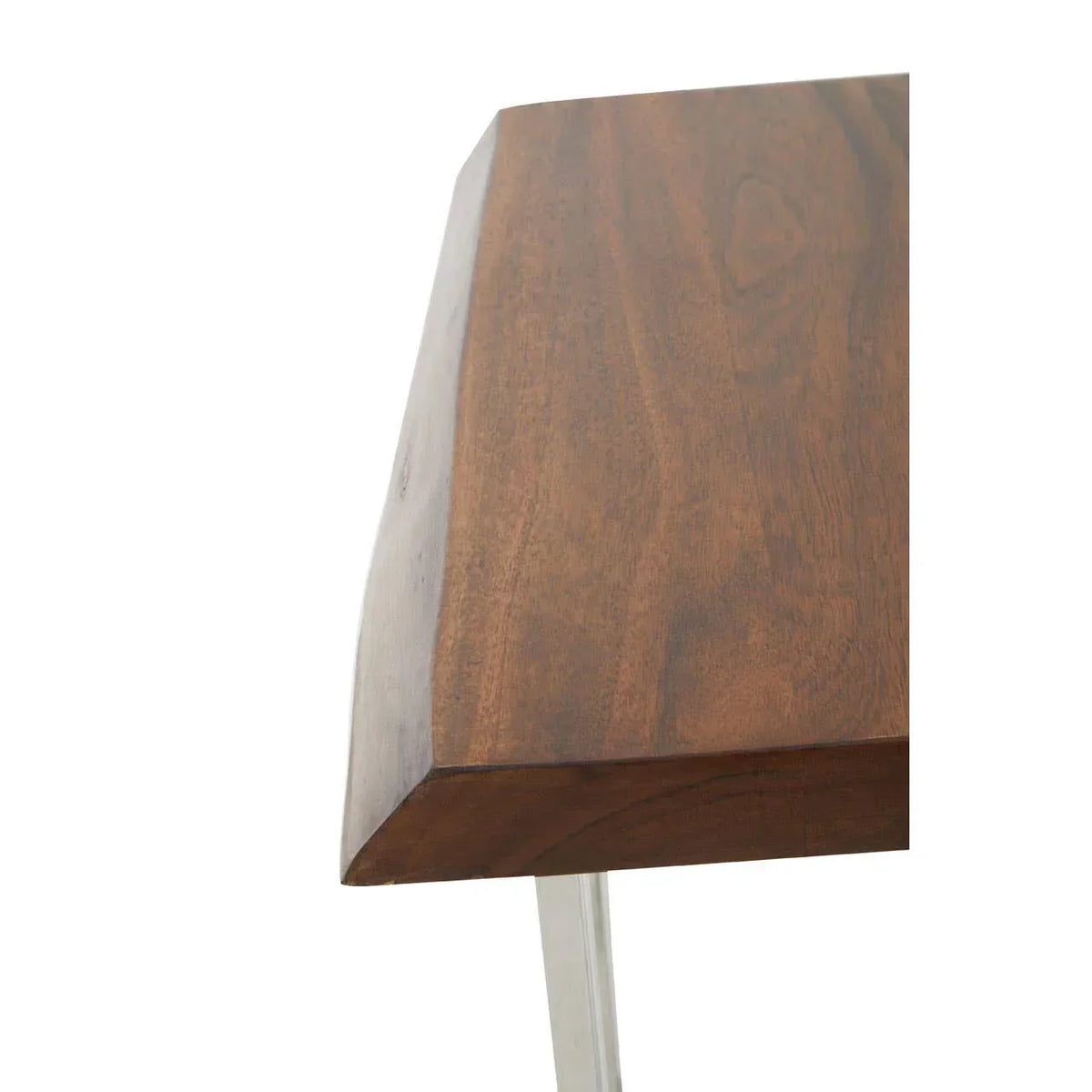Close-up of solid wood dining table top with natural grain and metal leg