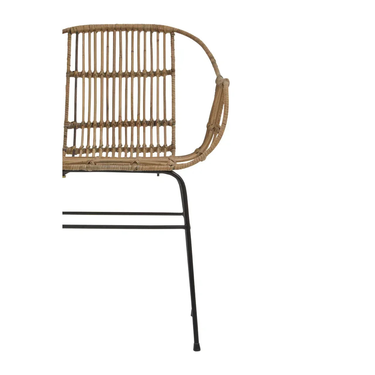 Side view of rattan dining chair with curved back and black metal legs