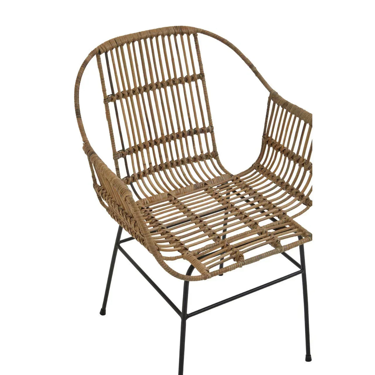 Rattan dining chair with curved back and black metal legs on white background