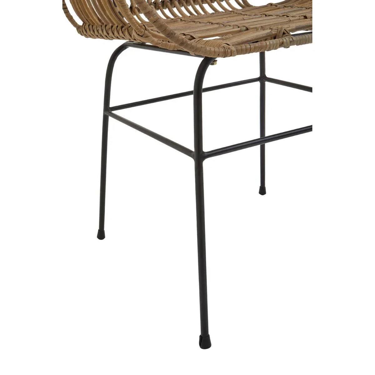Close view rattan chair seat with black metal legs and curved woven pattern
