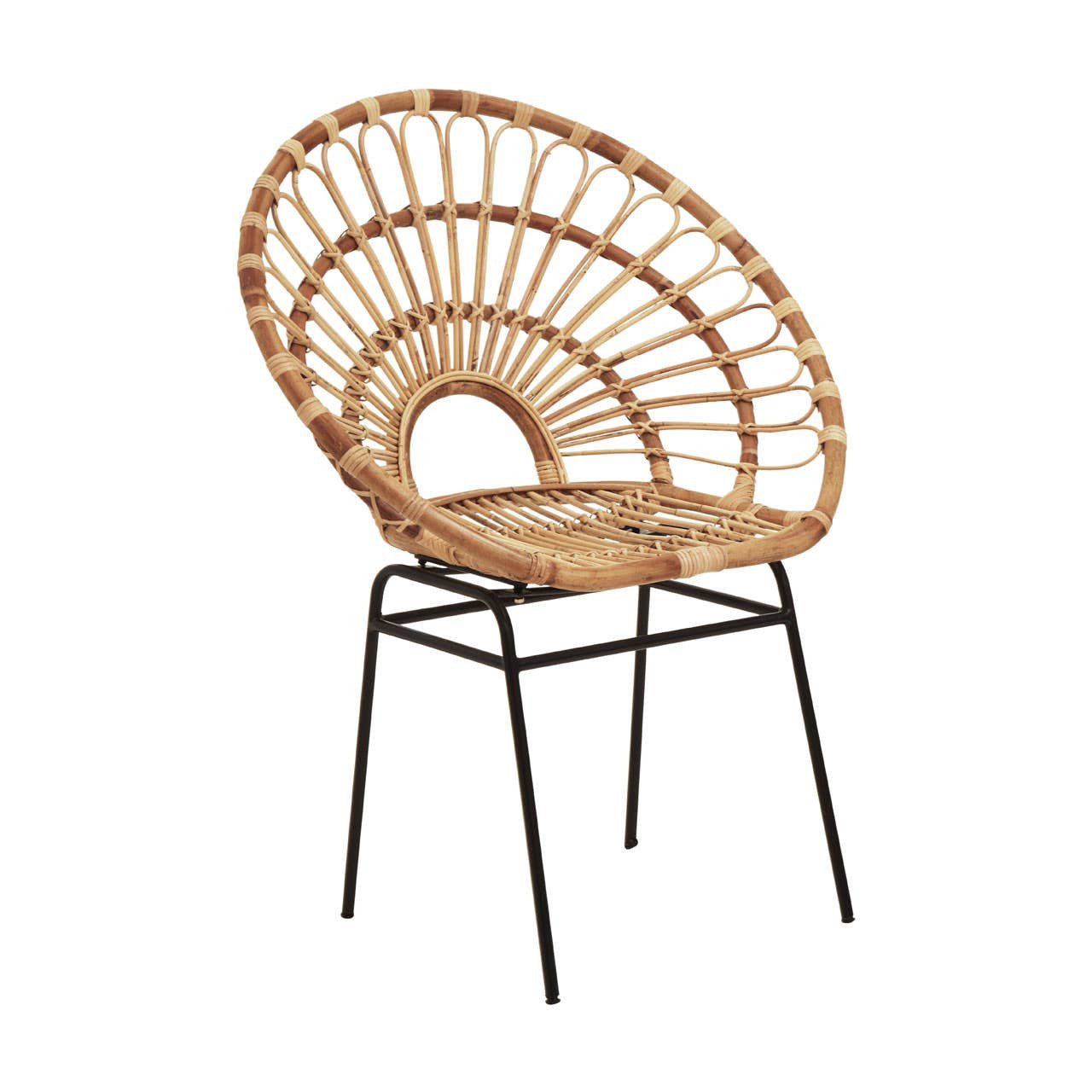 Natural rattan chair with a sunflower-inspired design, featuring a circular backrest and a sturdy black metal frame, suitable for indoor or outdoor use