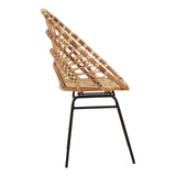 Natural rattan chair with a sunflower-inspired design, featuring a slatted backrest and a sleek black metal frame, viewed from the side
