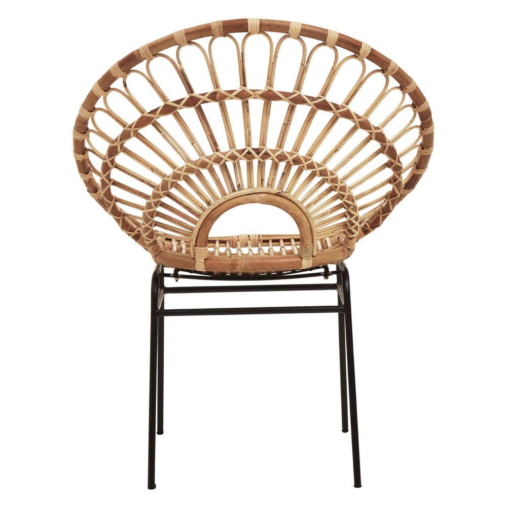 Natural rattan chair with a sunflower-inspired design, featuring a circular backrest and a sturdy black metal frame. The chair showcases a woven pattern that highlights the texture of the rattan, creating a stylish and airy look suitable for home decor