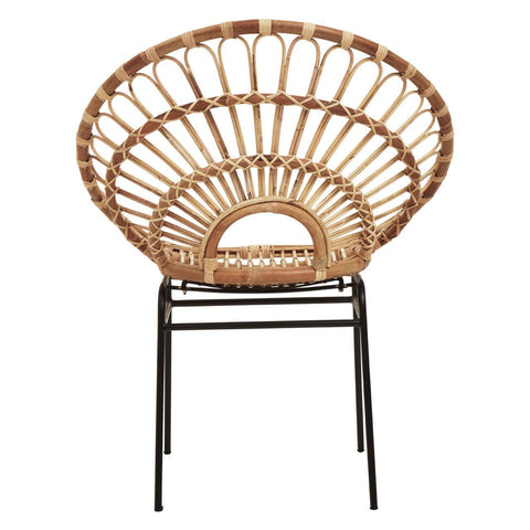 Natural rattan chair with a sunflower-inspired design, featuring a circular backrest and a sturdy black metal frame. The chair showcases a woven pattern that highlights the texture of the rattan, creating a stylish and airy look suitable for home decor