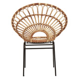 Natural rattan chair with a sunflower-inspired design, featuring a circular backrest and a sturdy black metal frame. The chair showcases a woven pattern that highlights the texture of the rattan, creating a stylish and airy look suitable for home decor