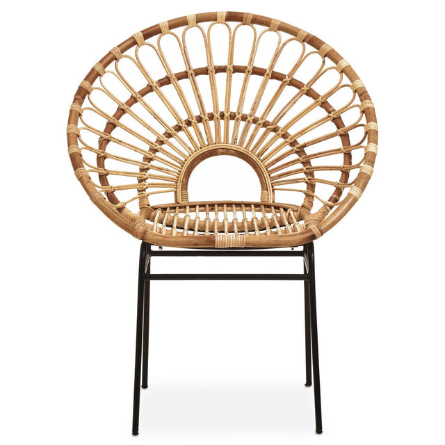Natural rattan chair with a sunflower-inspired design, featuring a circular backrest and a sturdy black metal frame, showcasing a light brown color and intricate weaving details