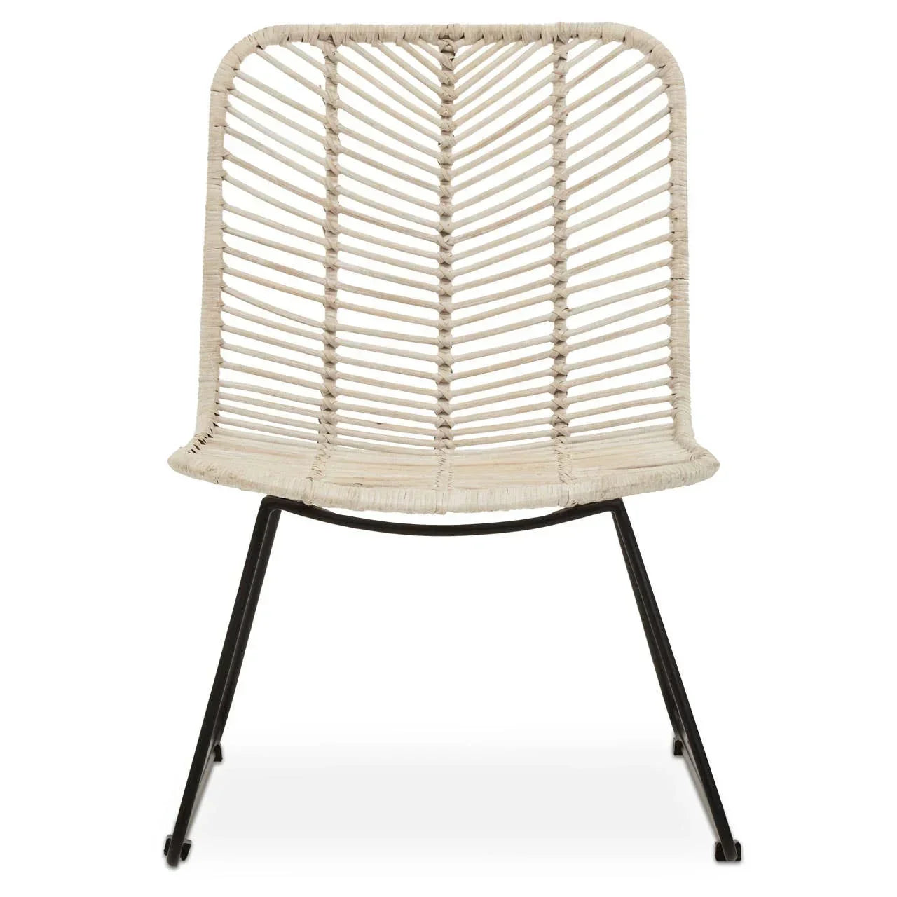 Natural rattan lounge chair with black metal legs, front view, modern accent seating