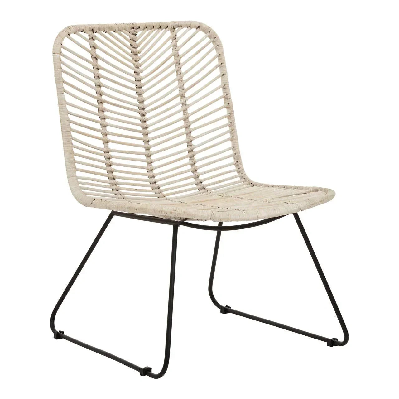 Beige rattan accent chair with woven seat and black metal legs, angled view
