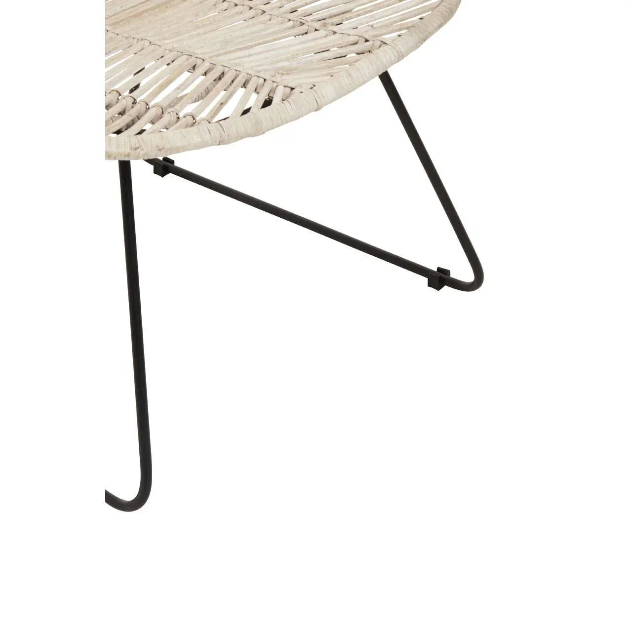 Close up of rattan chair seat with black metal legs, natural finish, modern design
