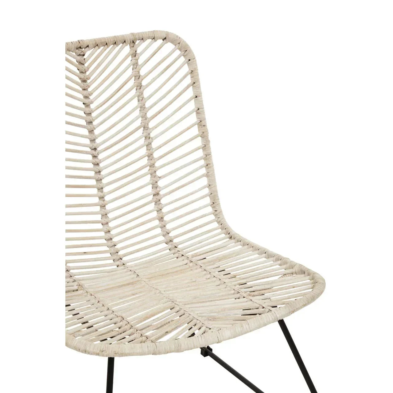 Beige rattan dining chair seat with black metal legs, close-up of woven backrest