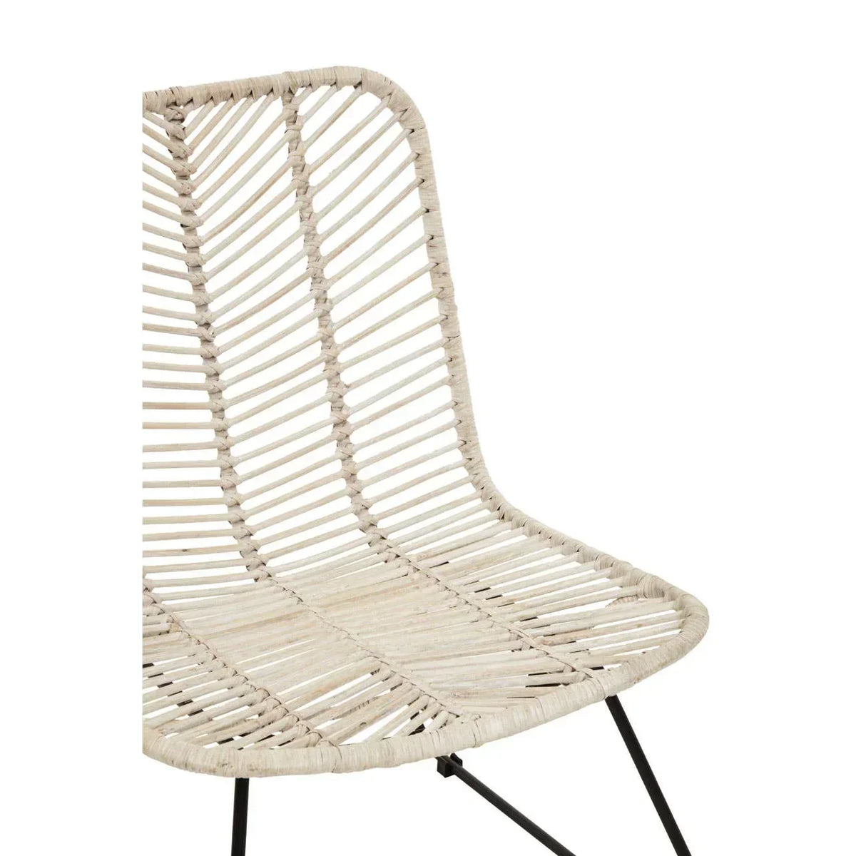 Beige rattan dining chair seat with black metal legs, close-up of woven backrest