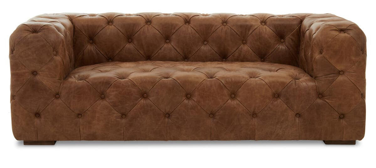 Three-seat sofa upholstered in rich brown leather with a modern Chesterfield design, featuring deep button tufting and wide, square arms. The sofa has a sleek, contemporary silhouette suitable for various interior styles