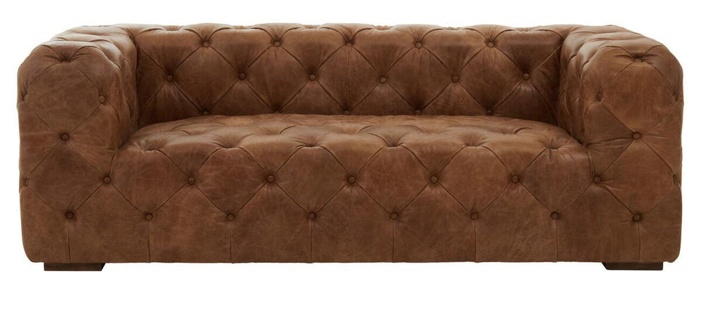Three-seat sofa upholstered in rich brown leather with a modern Chesterfield design, featuring deep button tufting and wide, square arms. The sofa rests on short wooden legs, showcasing a sleek and contemporary silhouette