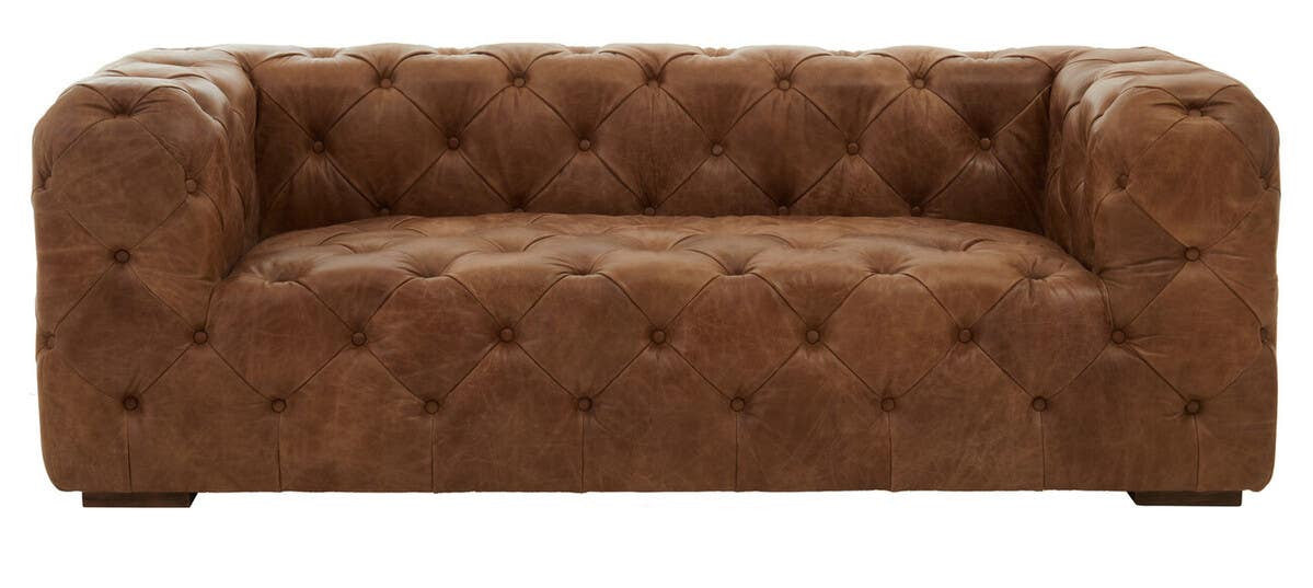 Three-seat sofa upholstered in rich brown leather with a modern Chesterfield design, featuring deep button tufting and wide, square arms. The sofa rests on short wooden legs, showcasing a sleek and contemporary silhouette