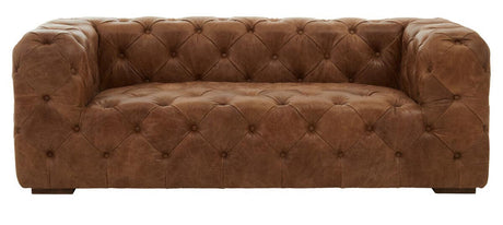 Three-seat sofa upholstered in rich brown leather with a modern Chesterfield design, featuring deep button tufting and wide, square arms. The sofa rests on short wooden legs, showcasing a sleek and contemporary silhouette