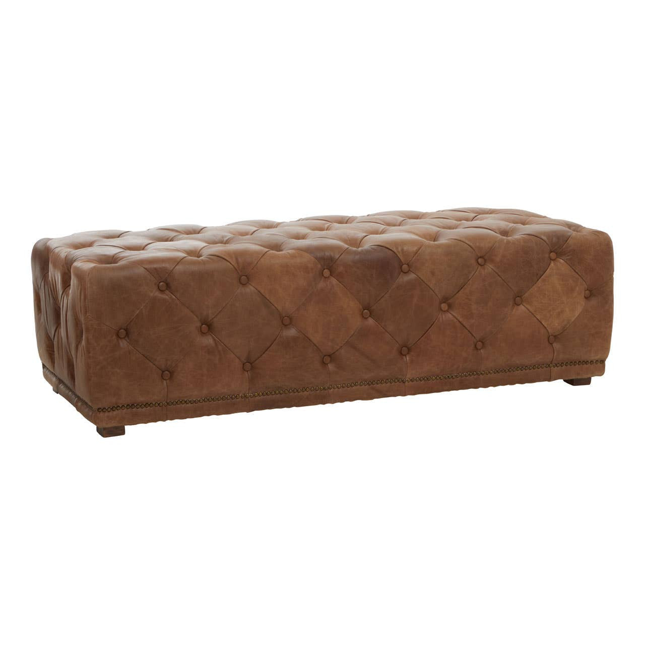 Brown leather rectangle ottoman featuring a tufted design and rounded edges, resting on four small wooden legs. The surface has a rich, textured appearance, showcasing the quality of the leather