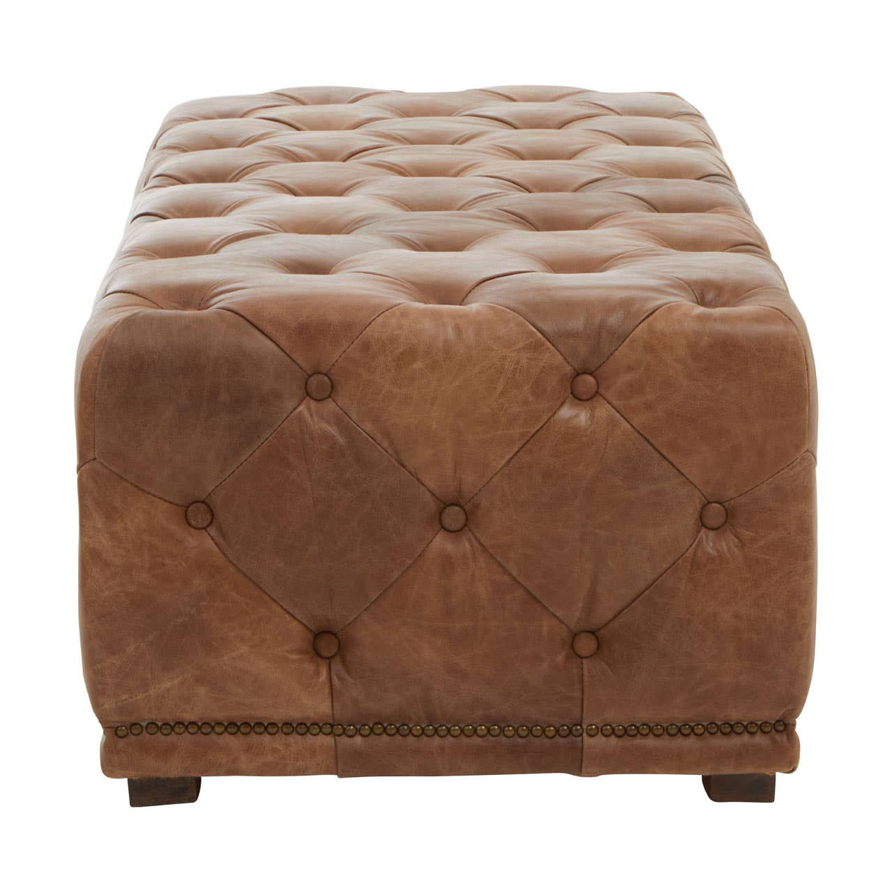 Brown leather rectangle ottoman featuring a tufted top with button detailing and a sturdy base. The ottoman has a smooth finish and rounded edges, suitable for use as a footrest or additional seating