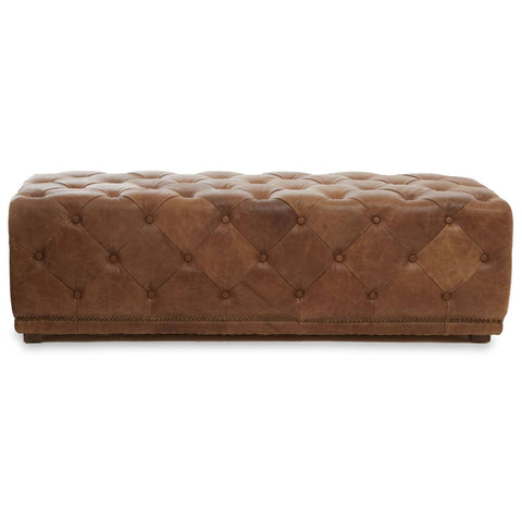Brown leather rectangle Chesterfield ottoman with tufted design and a smooth surface, featuring a classic style suitable for various home decor settings