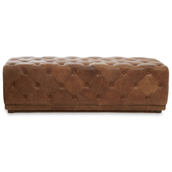 Brown leather rectangle Chesterfield ottoman with tufted design and a smooth surface, featuring a classic style suitable for various home decor settings