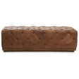 Brown leather rectangle Chesterfield ottoman with tufted design and a smooth surface, featuring a classic style suitable for various home decor settings