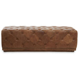 Brown leather rectangle Chesterfield ottoman with tufted design and a smooth surface, featuring a classic style suitable for various home decor settings