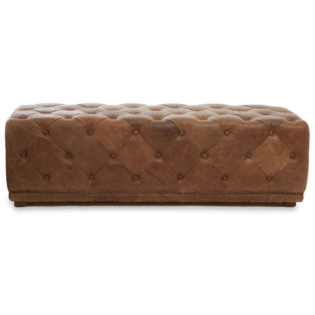 Brown leather rectangle Chesterfield ottoman with tufted design and a smooth surface, featuring a classic style suitable for various home decor settings