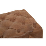 Brown leather rectangle Chesterfield ottoman featuring a tufted design with visible buttons, showcasing a soft and textured surface. The ottoman has rounded edges and a sturdy, plush appearance, suitable for use as a footrest or additional seating