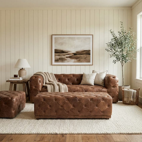 A brown leather rectangle Chesterfield ottoman sits in a cozy living room, accompanied by a matching brown leather sofa. The room features light-colored walls, a large framed landscape artwork, a potted plant, and a lamp on a side table, all arranged on a soft area rug. Natural light floods in from a window, creating a warm and inviting atmosphere