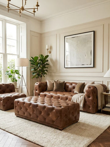 Brown leather rectangle Chesterfield ottoman placed in a stylish living room, surrounded by a matching brown leather sofa and an armchair. The room features light-colored walls, a large window allowing natural light, a decorative mirror above the ottoman, and a potted plant in the corner. A soft area rug lies beneath the furniture, enhancing the cozy atmosphere