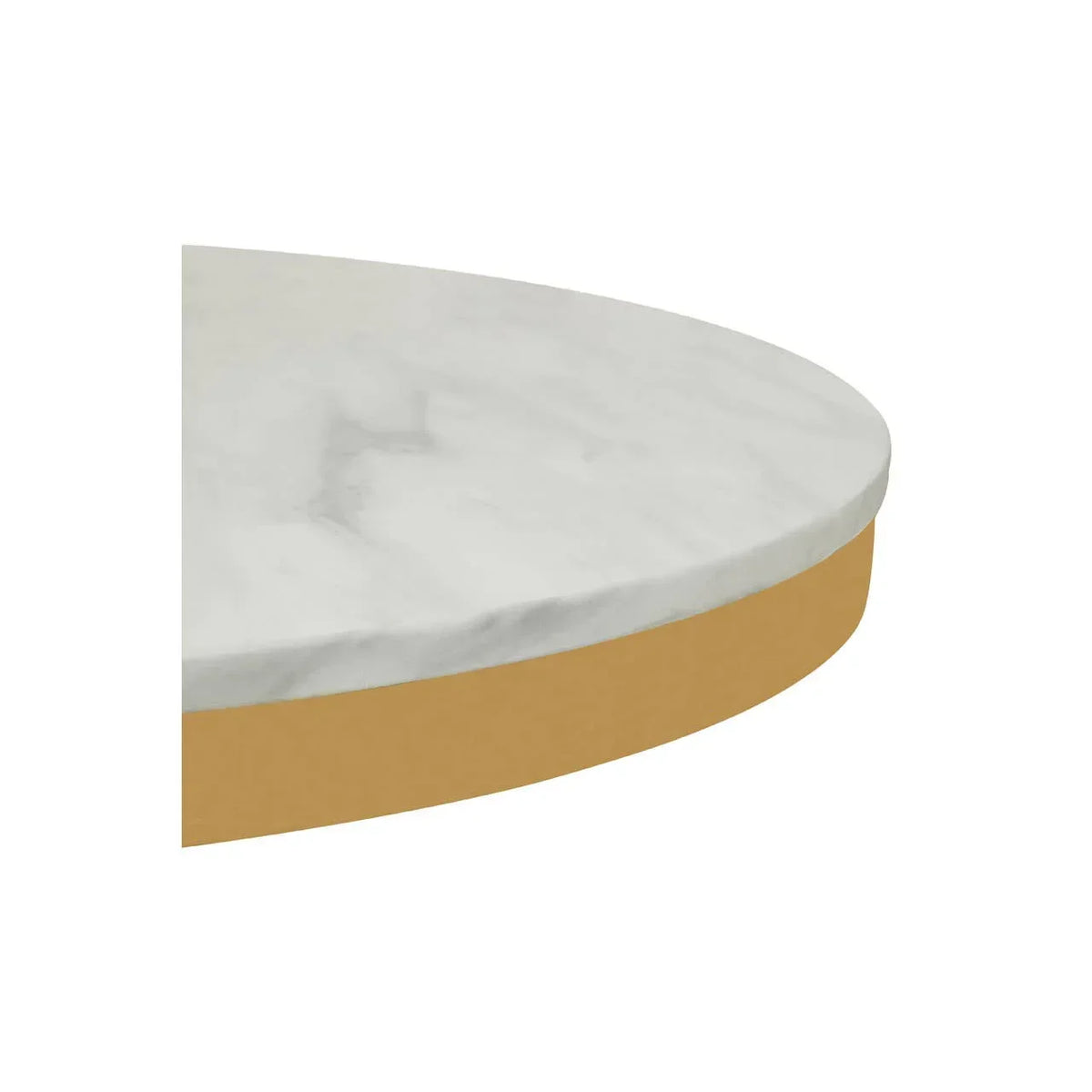 Round coffee table with white marble top and gold base, close-up of edge detail