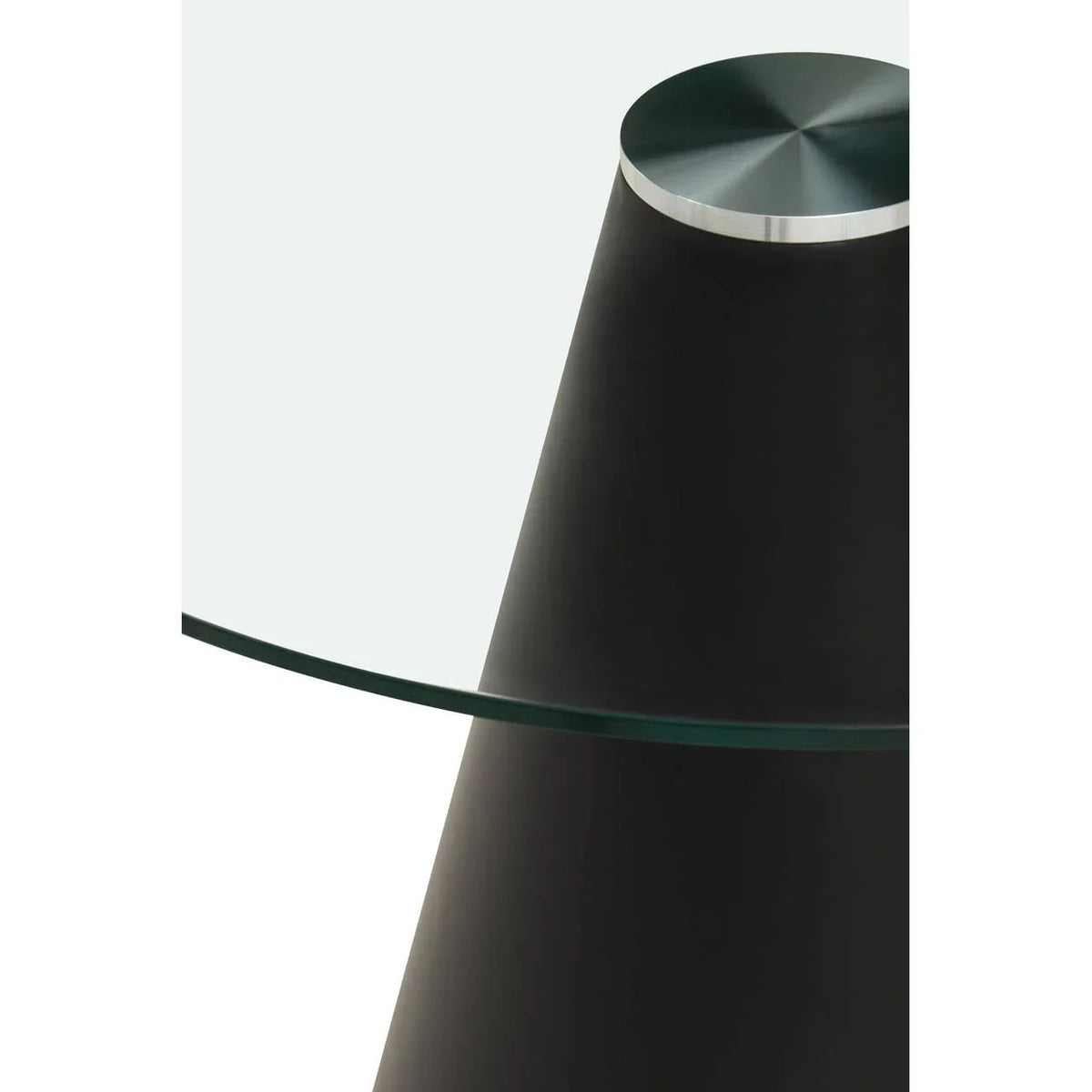 Round glass dining table top with black cone metal base detail