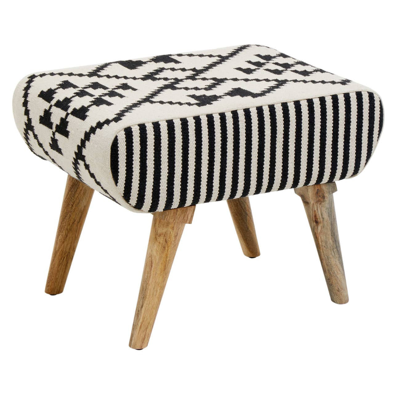 A stylish footstool featuring a textured fabric with a black and white geometric pattern, supported by four natural wood legs. The design combines a rounded top with a unique Berber style, adding a modern touch to home decor