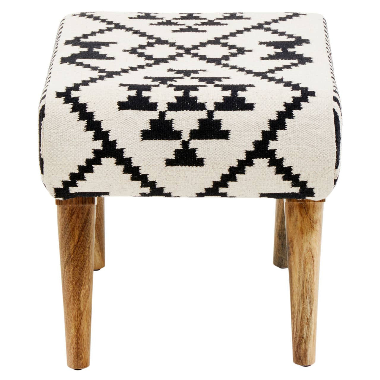 Square footstool featuring a cream-colored fabric with a black geometric pattern, supported by four wooden legs. The design incorporates a Berber style with diamond and triangle motifs, adding a modern touch to home decor