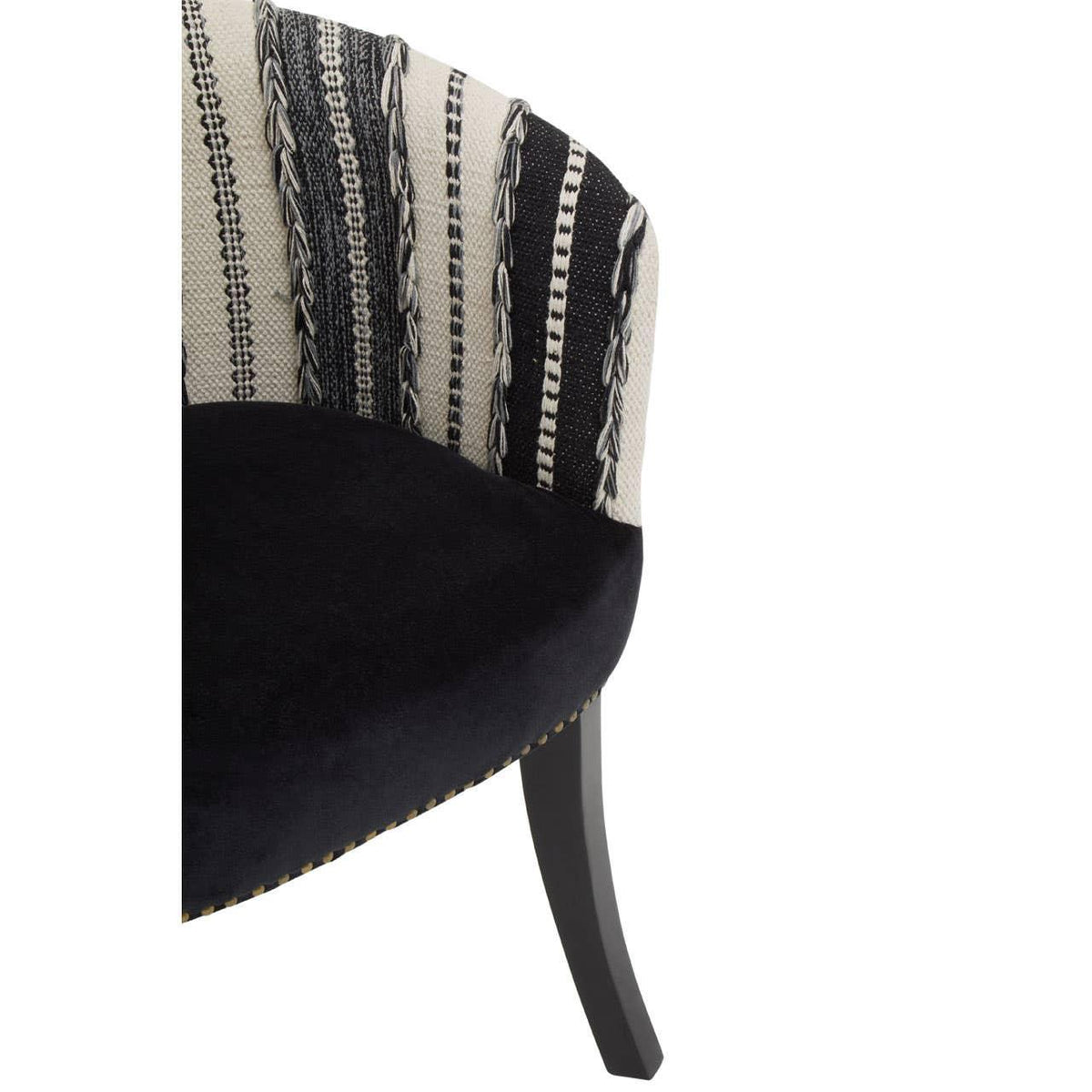 Striped accent chair with black upholstered seat and wooden leg close-up