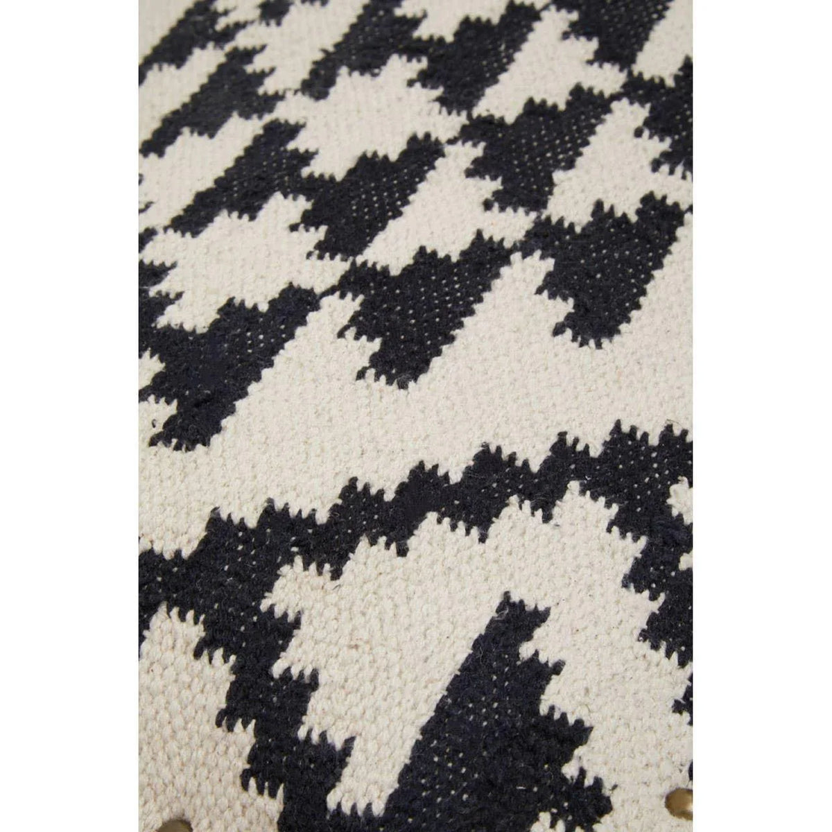 Close-up of black and white geometric rug with textured woven pattern