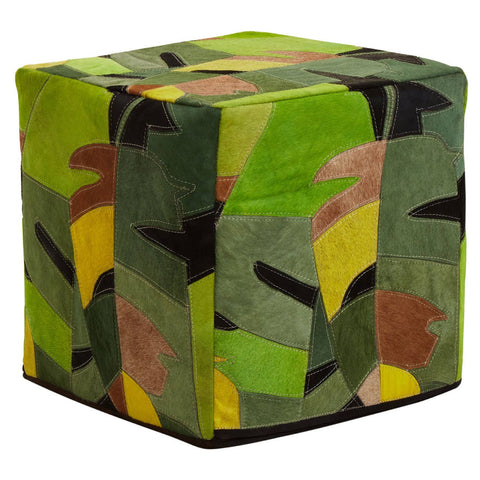 A square pouffe covered in a vibrant botanical pattern featuring shades of green, yellow, and brown, designed for home decor