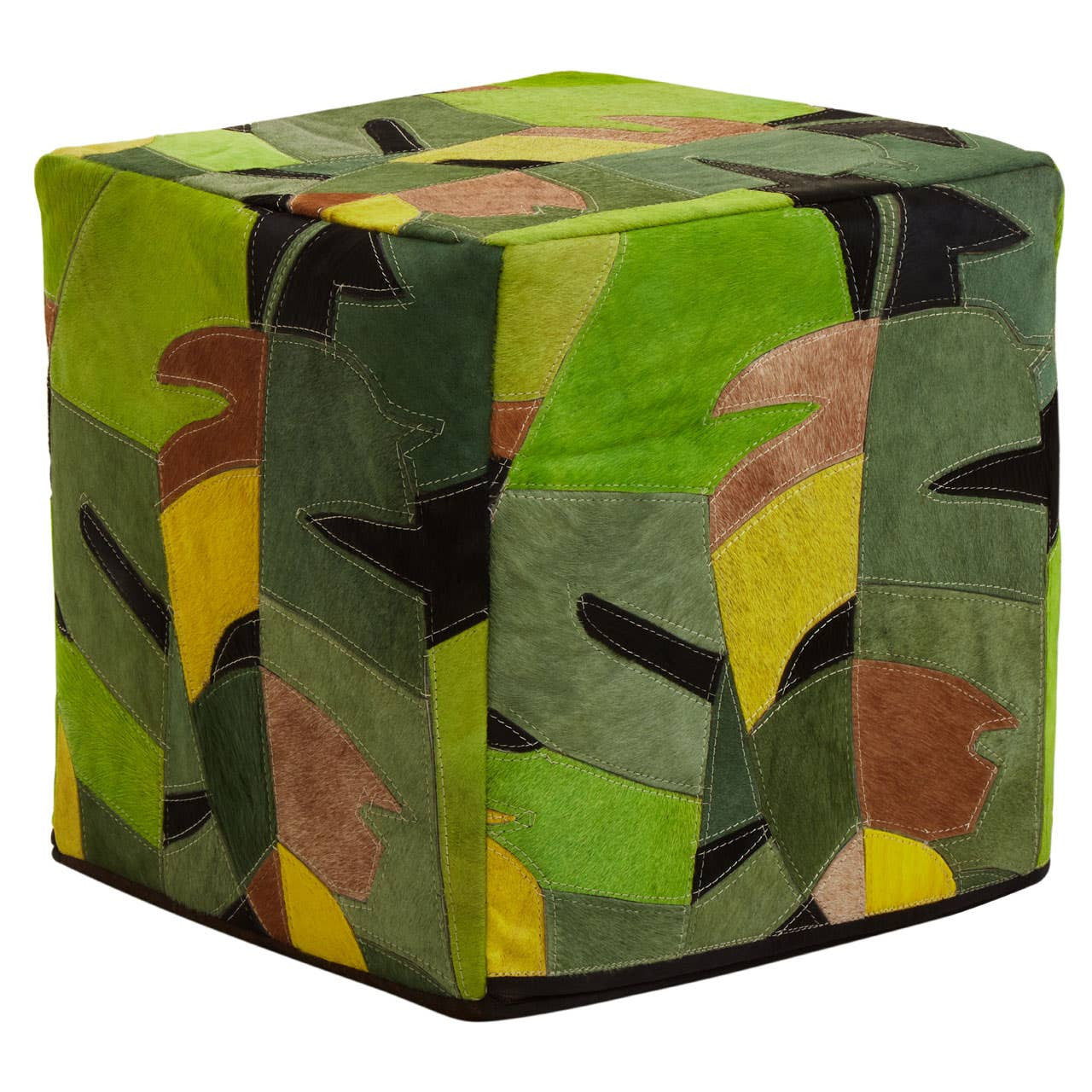 A square pouffe covered in a vibrant botanical pattern featuring shades of green, yellow, and brown, designed for home decor