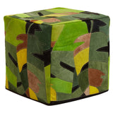 A square pouffe covered in a vibrant botanical pattern featuring shades of green, yellow, and brown, designed for home decor