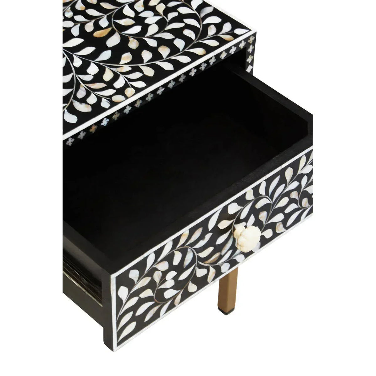 Bone inlay bedside table with open drawer, floral pattern, black and white finish