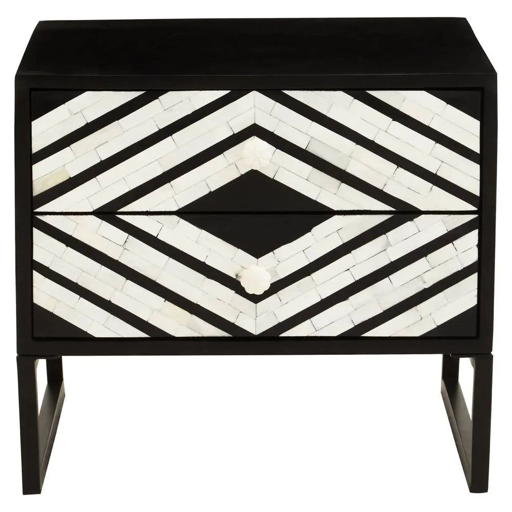 Black and white geometric pattern bedside table with two drawers and modern legs