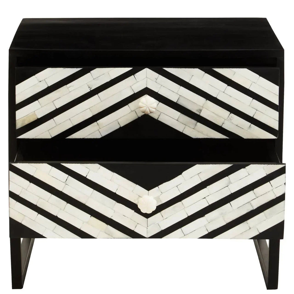 Black and white chevron patterned bedside table with two drawers and floral knobs