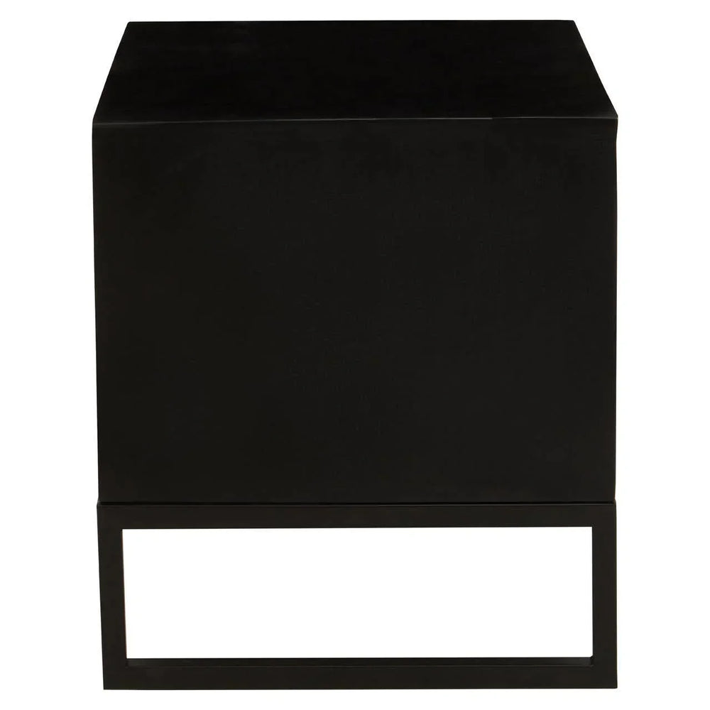 Black metal side table with cube design and open rectangular base, front view