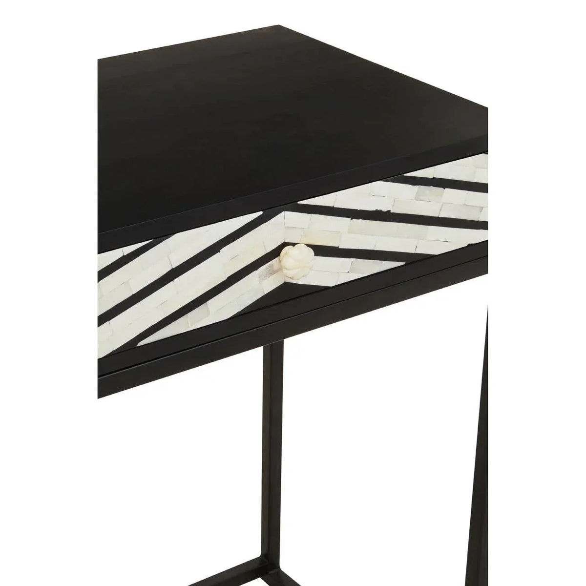 Black console table with white mosaic drawer and geometric pattern