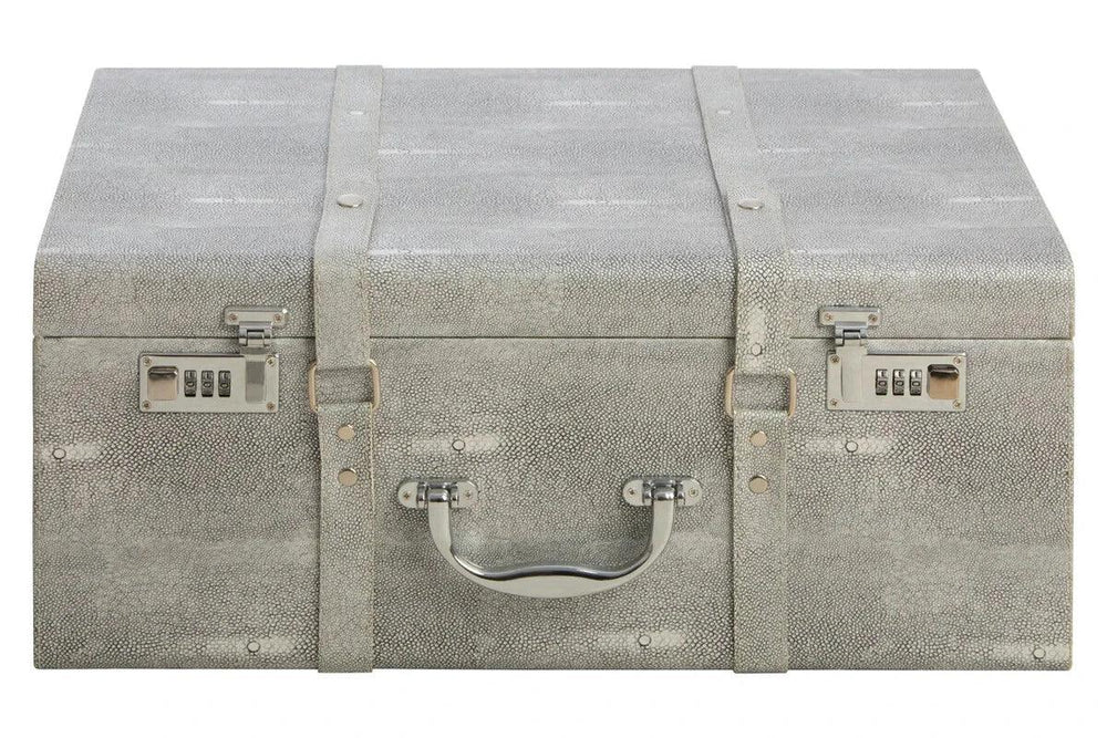 Grey textured storage trunk with chrome handle and combination locks, front facing view