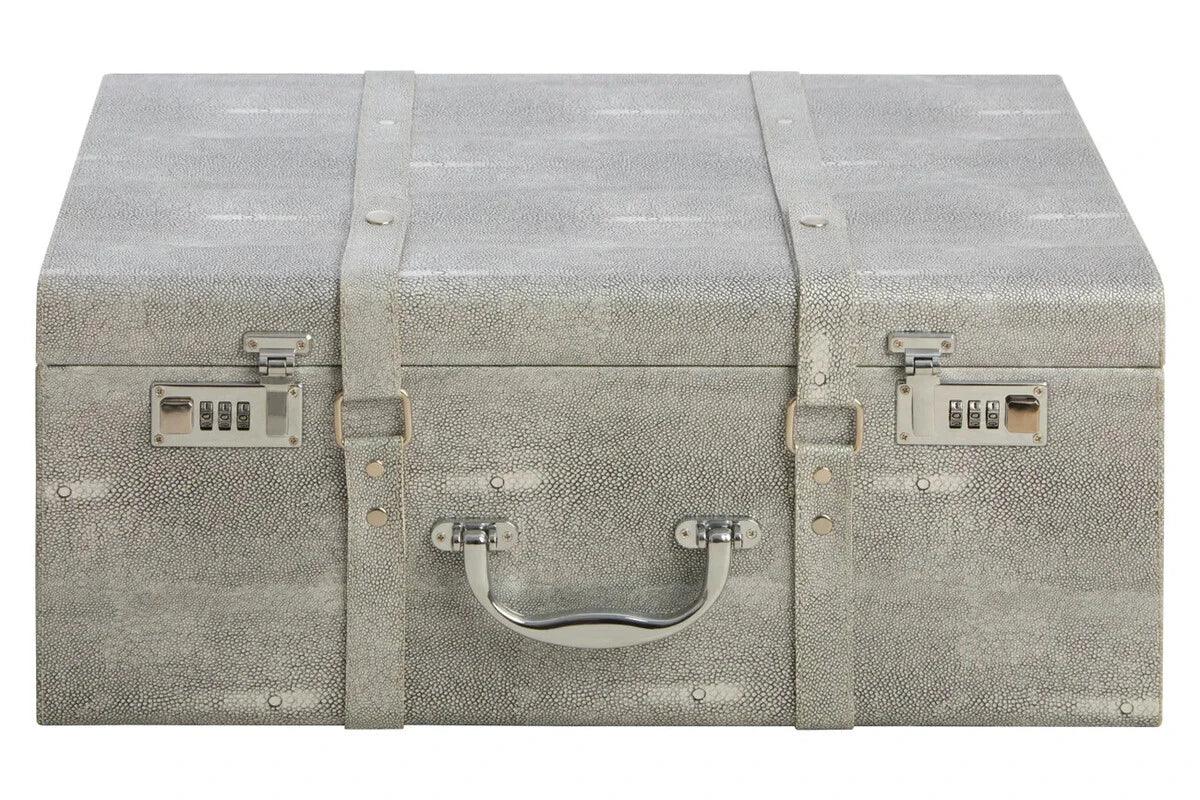 Grey textured storage trunk with chrome handle and combination locks, front facing view