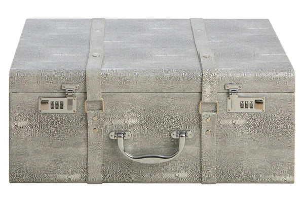 Grey textured storage trunk with chrome handle and combination locks, front facing view